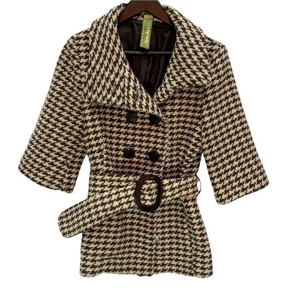 soia & Kyo Cream/Beige Houndstooth Wool Belted 3/4 Sleeve High Collar Co… - Picture 3 of 13
